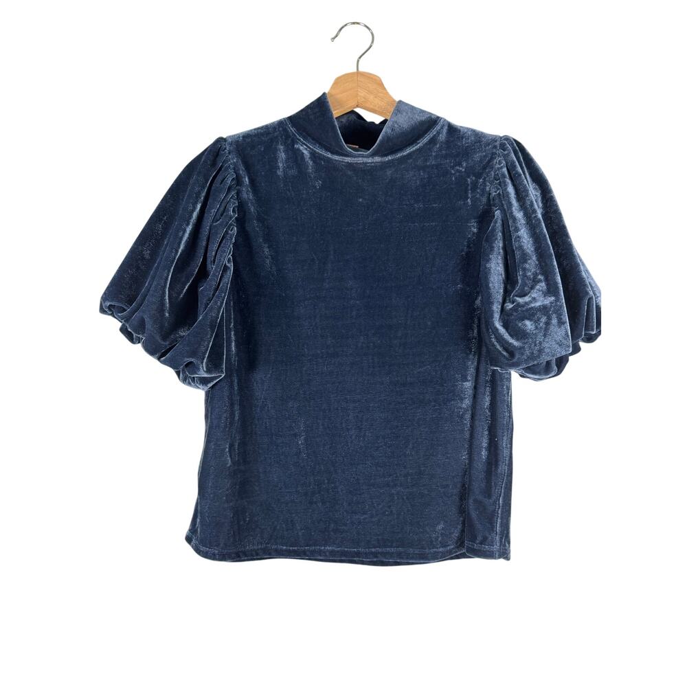 Free People Blue Velvet Bubble Sleeve Top XS